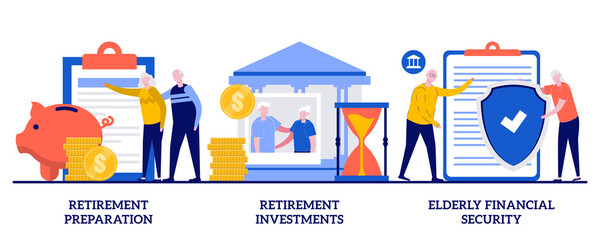 Retirement preparation, investments and elderly financial security concept with tiny people. Retirement financial planning abstract vector illustration set. Retiree budget, pension account metaphor