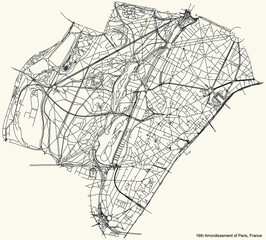 Obraz premium Black simple detailed street roads map on vintage beige background of the neighbourhood seizième, 16th arrondissement of Paris, France