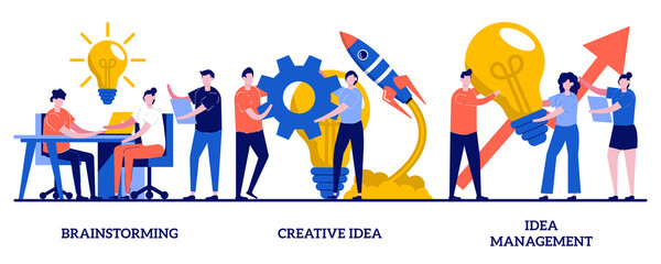 Team brainstorming, idea management, creative idea concept with tiny people. Project management vector illustration set. Startup collaboration, find solution, product development stage metaphor