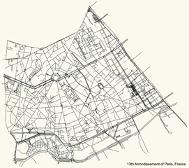 Fototapeta na wymiar Black simple detailed street roads map on vintage beige background of the neighbourhood treizième, 13th arrondissement of Paris, France