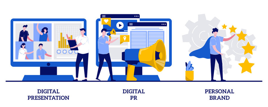 Digital presentation, digital PR, personal brand concept with tiny people. Project development abstract vector illustration set. Online advertisement, branding, successful startup metaphor