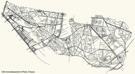 Black simple detailed street roads map on vintage beige background of the neighbourhood douzième, 12th arrondissement of Paris, France
