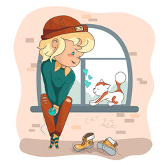 Cute little boy, young kid holding ball playing with cat. Hand drawn character design. Vector illustration of greeting card for Valentines day