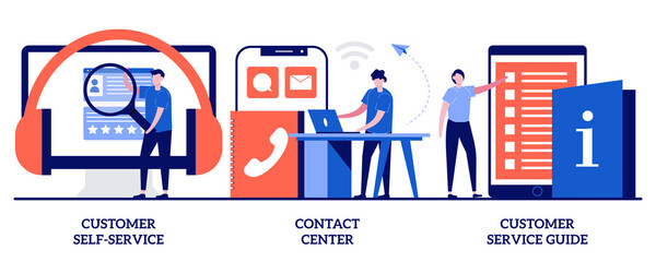 Customer self-service, contact center, customer service guide concept with tiny people. Client support online helpline abstract vector illustration set. Digital product maintenance tutorial metaphor