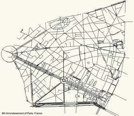 Black simple detailed street roads map on vintage beige background of the neighbourhood huitième, 8th arrondissement of Paris, France