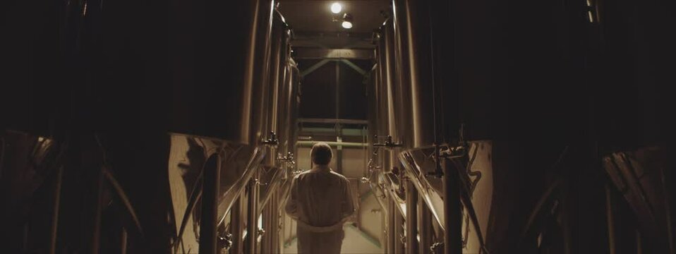 Back view of male process engineer walking to control panel between rows of shiny stainless steel storage tanks in poor light. Production process control concept.