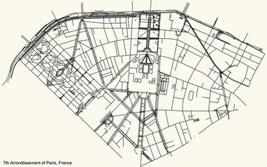 Black simple detailed street roads map on vintage beige background of the neighbourhood septième, 7th arrondissement of Paris, France