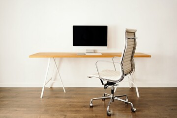 Modern computer placed on wooden table near chair in contemporary light room with minimalist interior