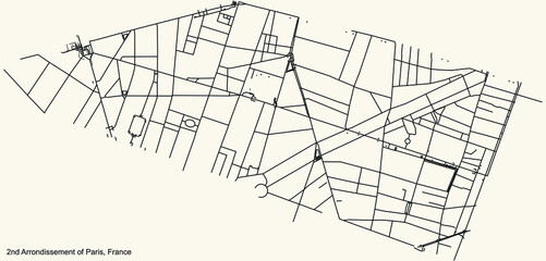 Black simple detailed street roads map on vintage beige background of the neighbourhood deuxième, 2nd arrondissement of Paris, France