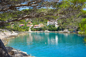 Beautiful Adriatic sea in Croatia,Hvar,nice calm tranquil bay through green pine.Blue,transparent,turquoise water, sunny weather., no people - obrazy, fototapety, plakaty