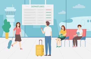 Cartoon Color Characters People Looking at Schedule Board Concept. Vector