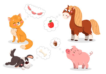 Set of cute cartoon baby pets. Cat, pig, horse, dog. with their favorite food in thought bubbles. Set of hand drawn flat cartoon vector illustrations isolated on white background