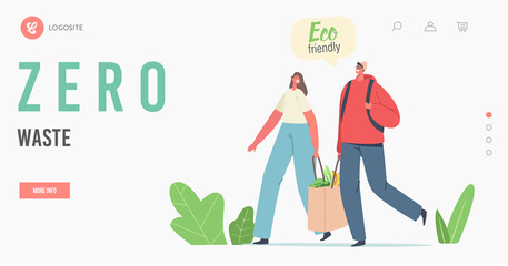 Zero Waste Landing Page Template. Characters Carry Products in Paper Eco Friendly Bag. Bio Degradable Natural Package
