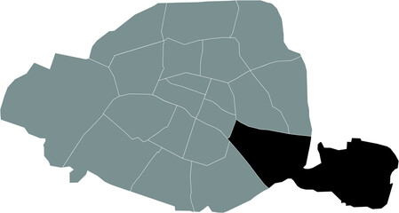 Naklejka premium Black location map of Parisian douzième, 12th arrondissement inside gray map of Paris, France