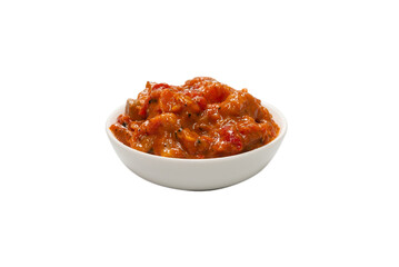 Vegetable stew in a bowl isolated on white background.