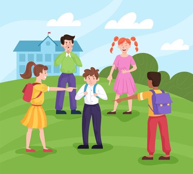 Sad little boy being bullied by his schoolmates in schoolyard. Flat cartoon vector illustration with fictional characters