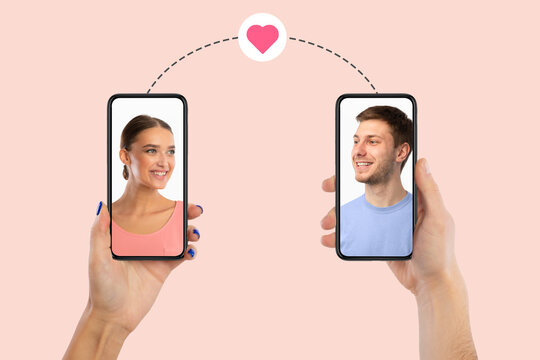 Young couple in love using smartphones, creative collage
