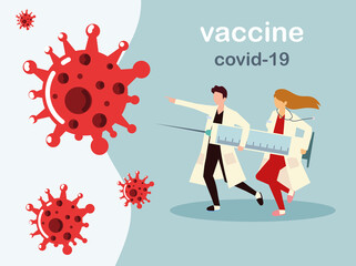 woman and man doctors holds big syringe with vaccine, doctor prevents covid 19