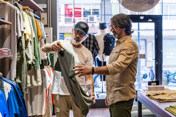 Side view clothing store owner helping new customer to choose a shirt