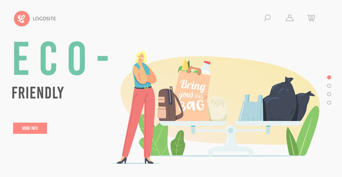 Eco Pack Landing Page Template. Thoughtful Tiny Female Character Stand at Huge Scales with Plastic and Eco Friendly Bags