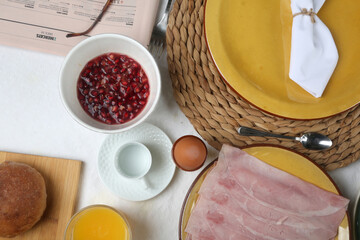 morning brunch breakfast table from above