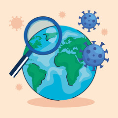 covid19 virus particles with magnifying glass in earth planet vector illustration design