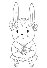 Easter bunny. Cute bunny girl with an Easter egg in her paws and with bows on her ears. Vector. Black line, outline. Decorative drawing. Cute animal for Happy Easter design