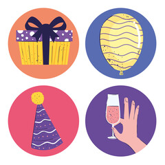bundle of four birthday set icons vector illustration design
