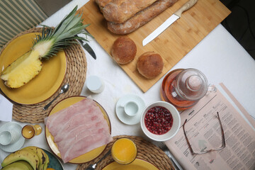 morning brunch breakfast table from above
