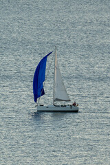 Obraz premium Small white boat sailing on the sea on a beautiful sunny day 