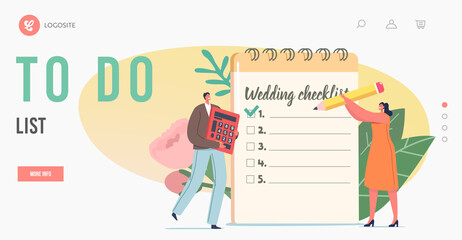 Holiday Organization Landing Page Template. Couple Planning Wedding, Tiny Characters at Huge Planner Fill Checklist