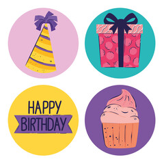 bundle of four happy birthday letterings and icons vector illustration design