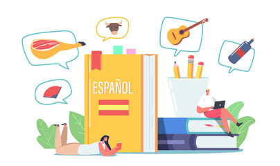 Students Characters Learning Spanish, Foreign Language Course. Tiny Characters at Huge Textbooks Read and Listen Classes © Pavlo Syvak