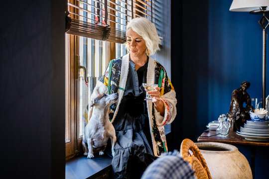 Elegant middle aged lady caressing purebred dog while sitting on windowsill and drinking wine in room with stylish vintage interior design