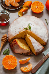 Homemade rustic butter cake with orange zest and juice for breakfast
