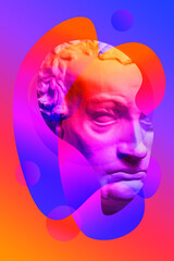 Collage with plaster antique sculpture of human face in a pop art style. Modern creative concept image with ancient statue head. Zine culture. Contemporary art poster. Funky minimalism. Retro design.