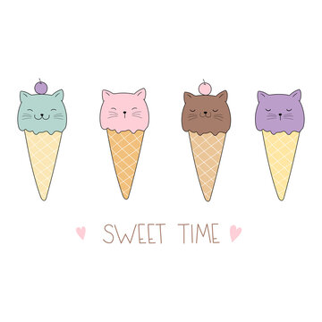 Cartoon characters cat ice cream. Ice cream cones shaped as cat. Doodle cartoon style. Isolated objects on white background. Vector illustration. Good for posters, t shirts, postcards.