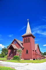 Fototapeta na wymiar 1800s style church in Shingle Creek Pioneer Village. Kissimmee, Florida, USA