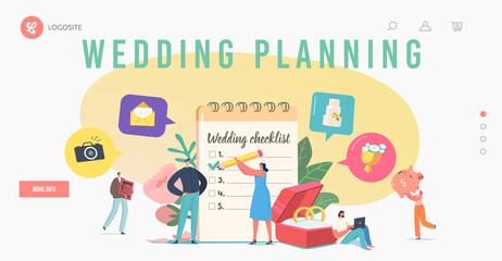Couple Planning Wedding Landing Page Template. Tiny Loving Characters at Huge Planner Filling Checklist before Marriage