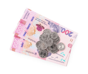 Ukrainian money on white background, top view