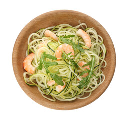 Tasty zucchini pasta with shrimps and arugula isolated on white, top view