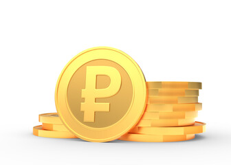 Gold coins with ruble sign isolated on a white background. 3d rendering illustration