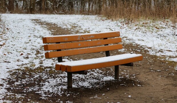 A close view of the wood park bench with snow. © Al