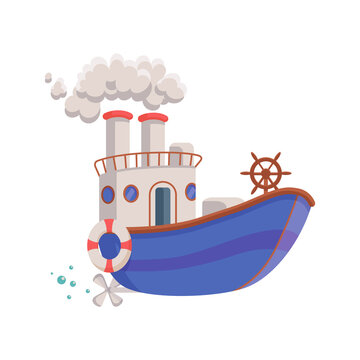 Cartoon funny blue boat, kids toy a vector isolated illustration