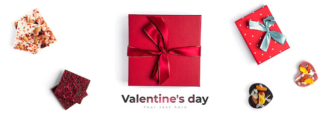 Valentine's day gifts and sweets isolated on white background.