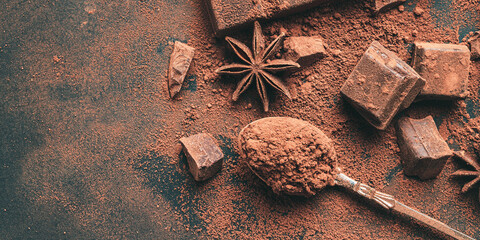 Brown cocoa powder in the spoon and chopped chocolate cubes top view on dark background with copy space