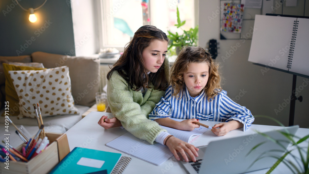 Poster sisters schoolgirls learning online indoors at home, coronavirus concept.