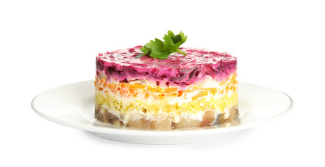 Herring under fur coat isolated on white. Traditional russian salad