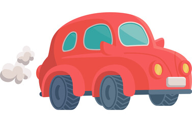 Funny toy car blows out puffs of smoke flat cartoon vector illustration isolated.