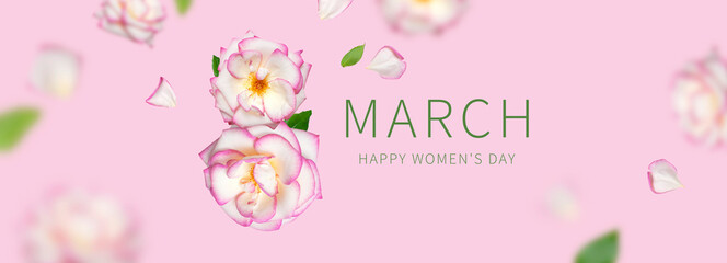 Fototapeta na wymiar Creative concept for March 8 from white roses with pink edge. Number eight from pink roses on pink background. International Women's Day. Flower card, floral composition. Spring, holiday, layout, art